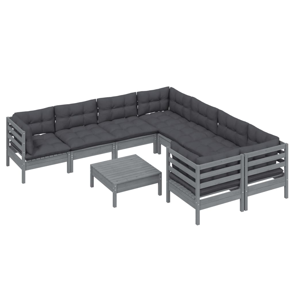 vidaXL Muebles de jardín 9 pzas y cojines gris madera de pino