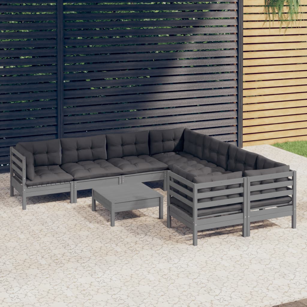 vidaXL Muebles de jardín 9 pzas y cojines gris madera de pino