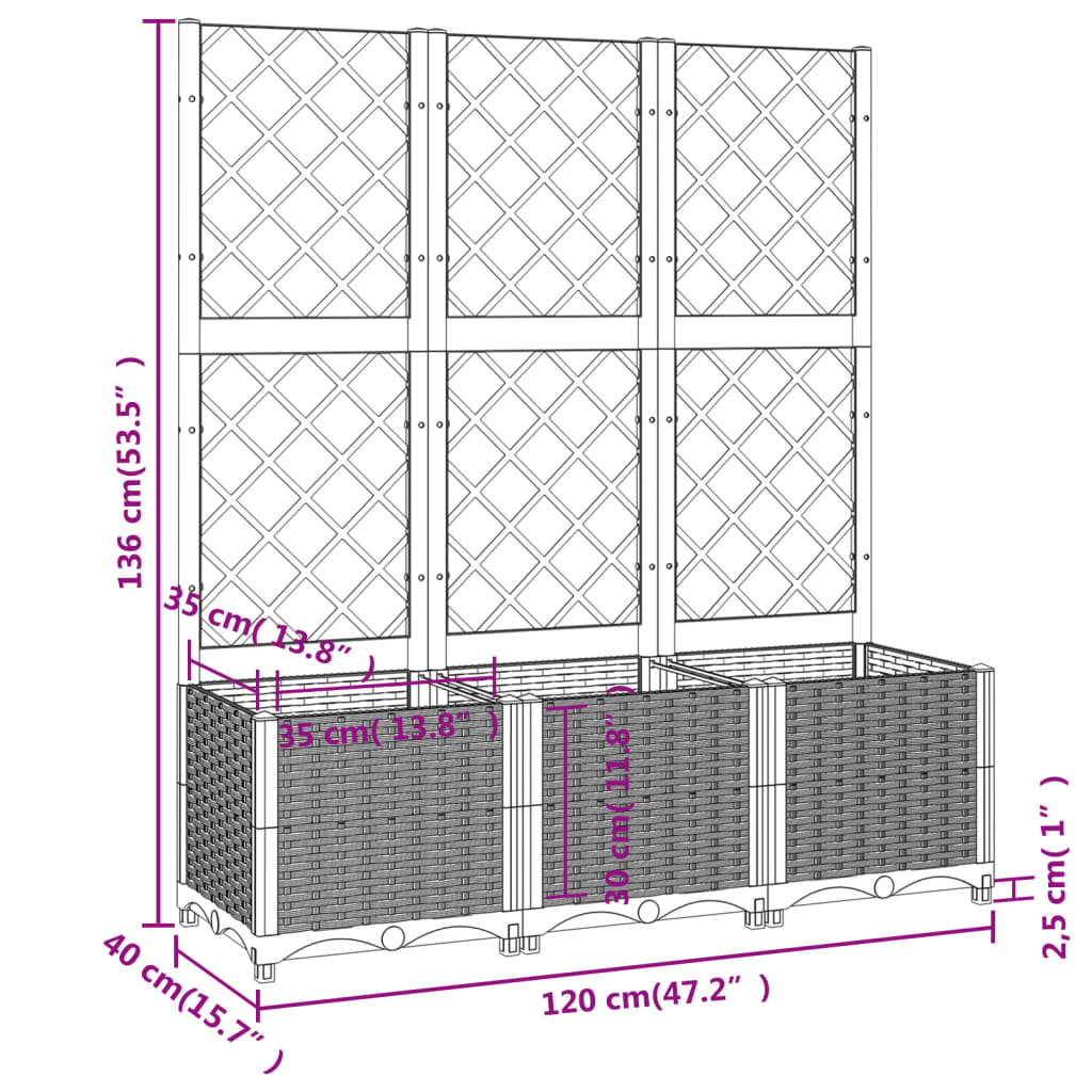 vidaXL Jardinera con enrejado PP marrón 120x40x136 cm