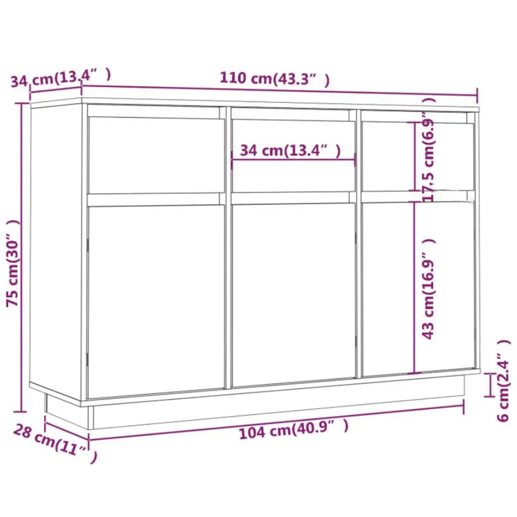 vidaXL Aparador de madera maciza de pino 110x34x75 cm