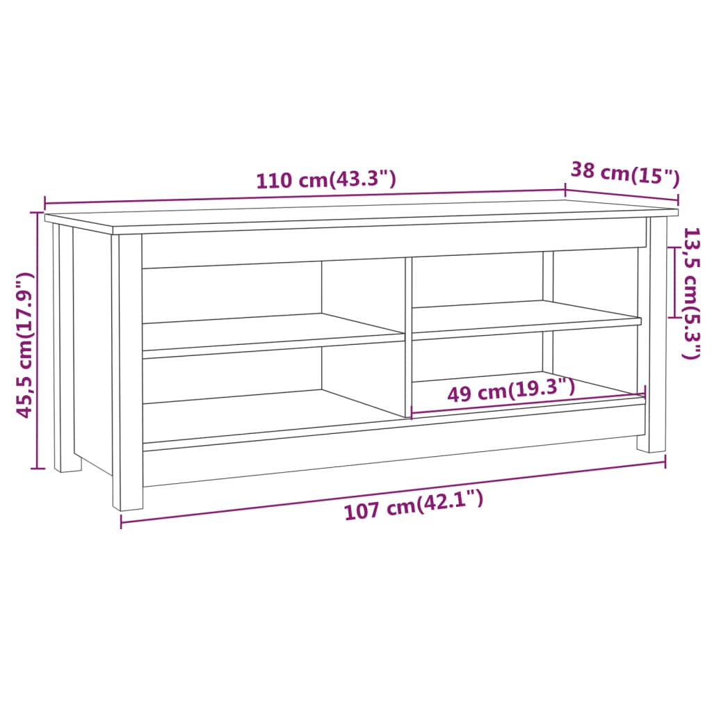 vidaXL Banco zapatero de madera maciza de pino 110x38x45,5 cm