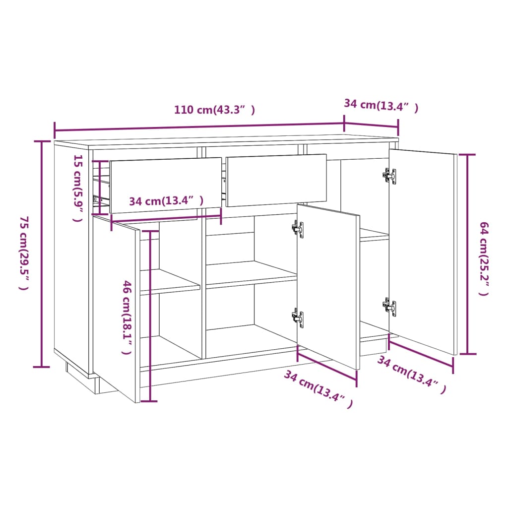 vidaXL Aparador de madera maciza de pino 110x34x75 cm