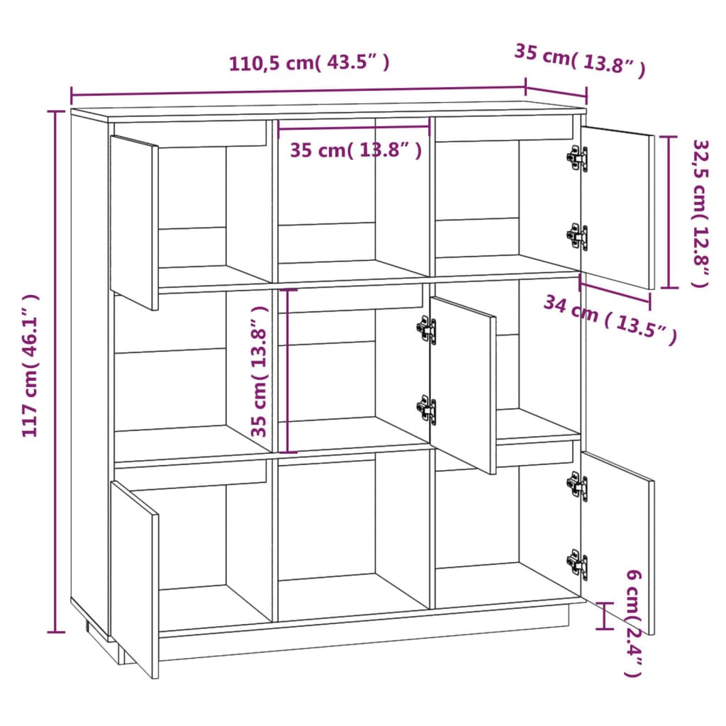 vidaXL Aparador alto de madera maciza de pino 110,5x35x117 cm