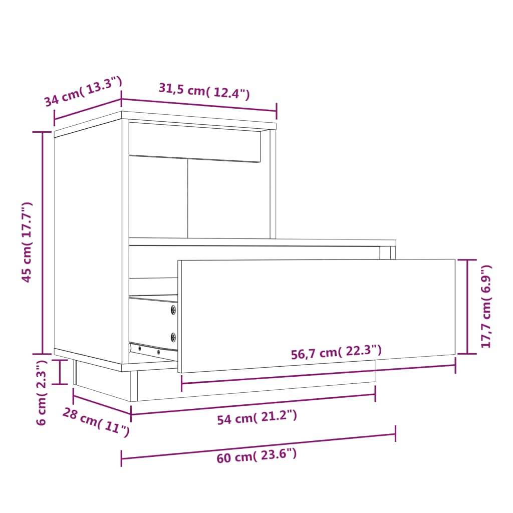 vidaXL Mesita de noche madera maciza de pino 60x34x51 cm