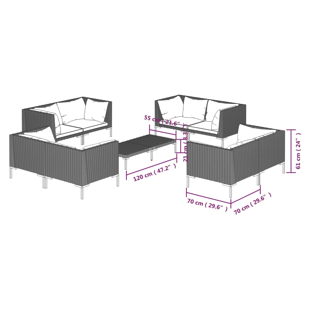 vidaXL Set muebles jardín 9 pzas y cojines ratán sintético gris oscuro