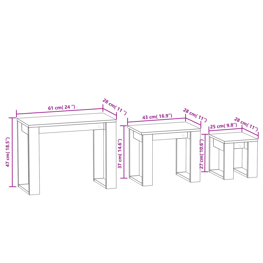 vidaXL Mesas apilables 3 pzas madera contrachapada color roble ahumado