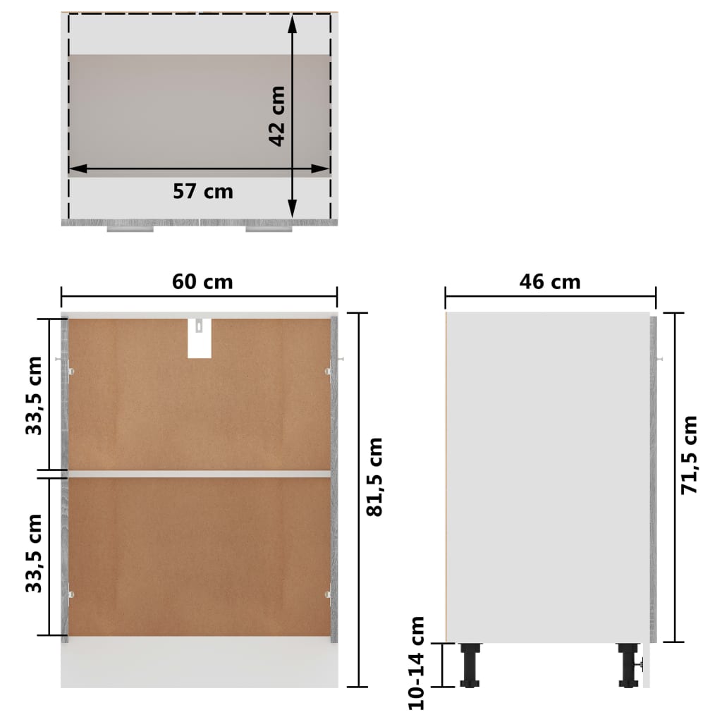 vidaXL Armario inferior de cocina contrachapado gris 60x46x81,5 cm