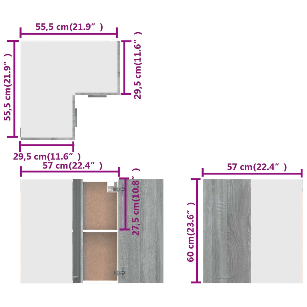 vidaXL Armario colgante de esquina madera de ingeniería gris sonoma