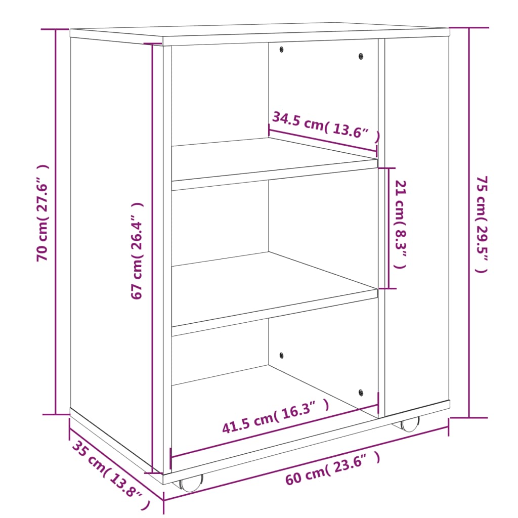 vidaXL Armario ruedas madera contrachapada roble ahumado 60x35x75 cm