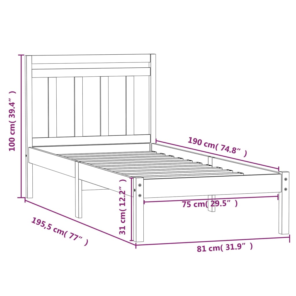 vidaXL Estructura de cama individual madera maciza blanco 75x190 cm