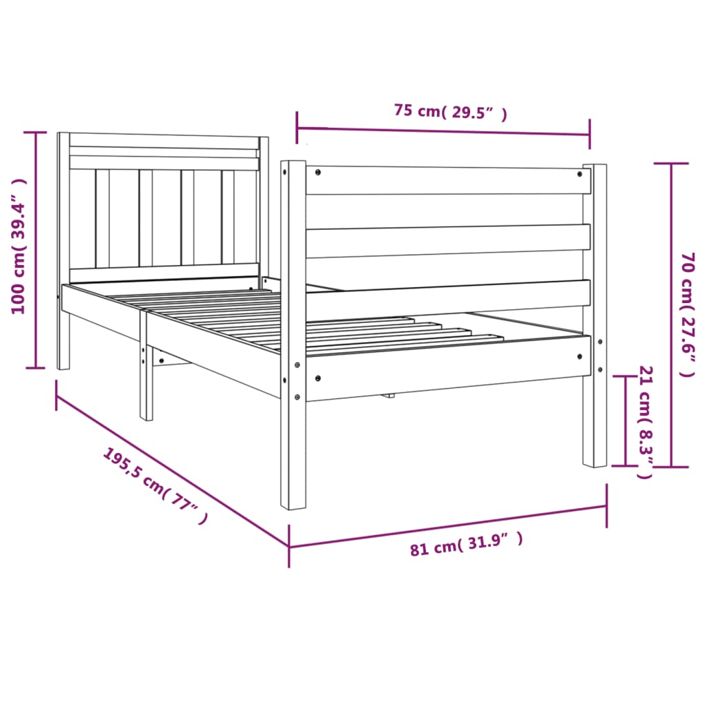 vidaXL Estructura de cama individual madera maciza blanco 75x190 cm