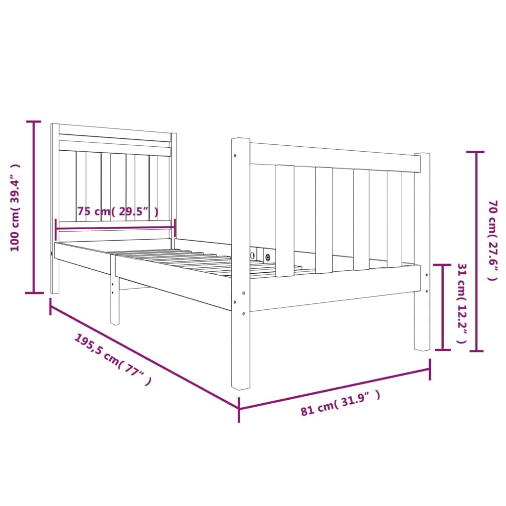 vidaXL Estructura de cama individual madera maciza blanco 75x190 cm