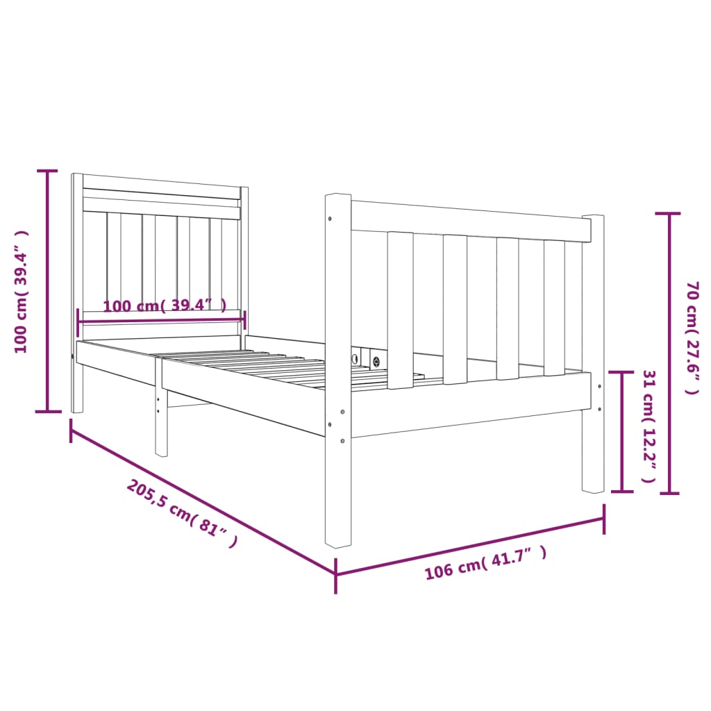 vidaXL Estructura de cama madera maciza 100x200 cm