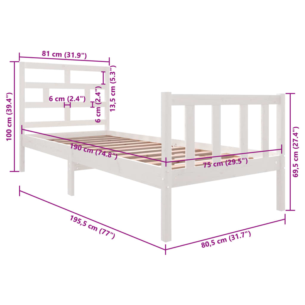 vidaXL Estructura de cama madera maciza de pino blanco 75x190 cm