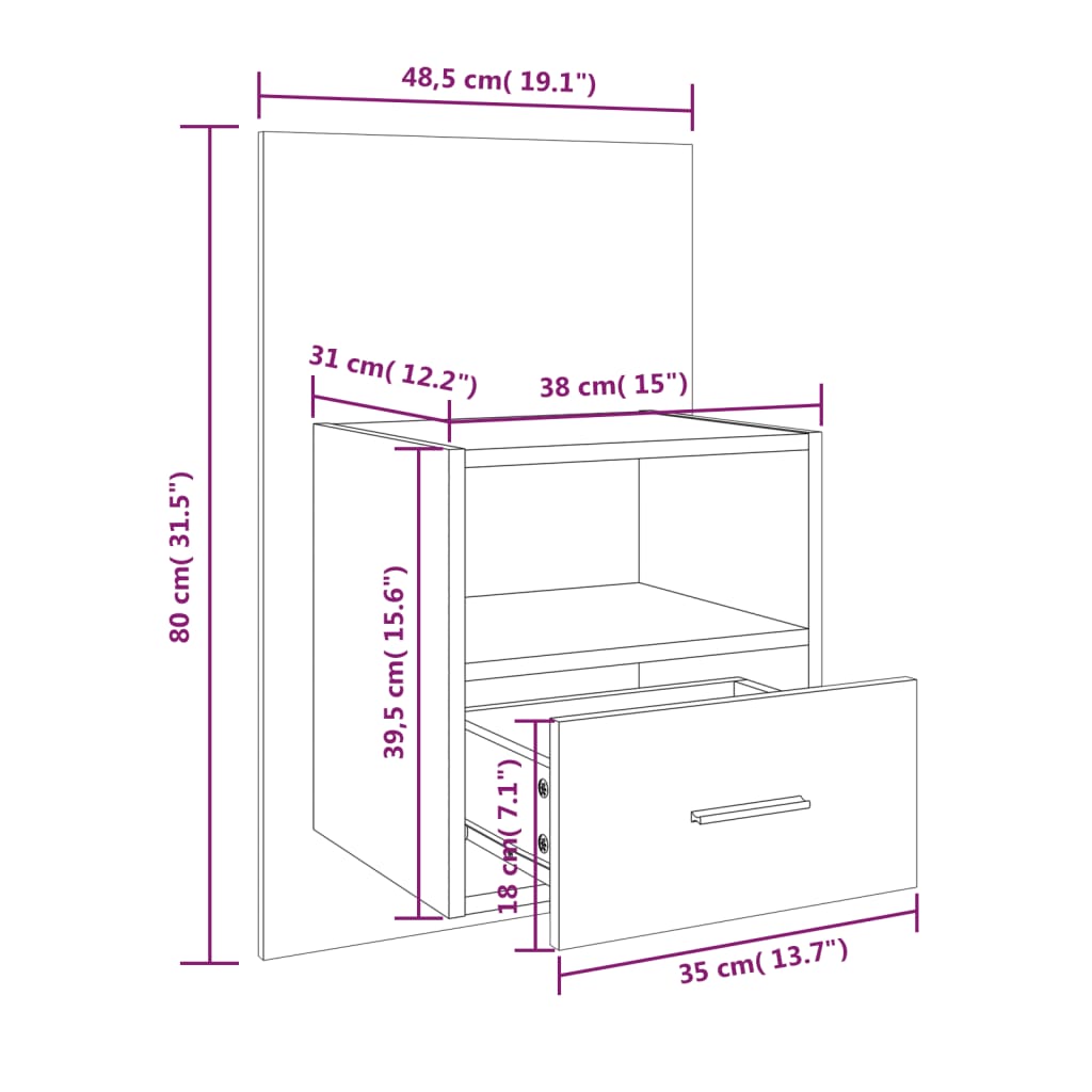 vidaXL Mesita de noche de pared blanca