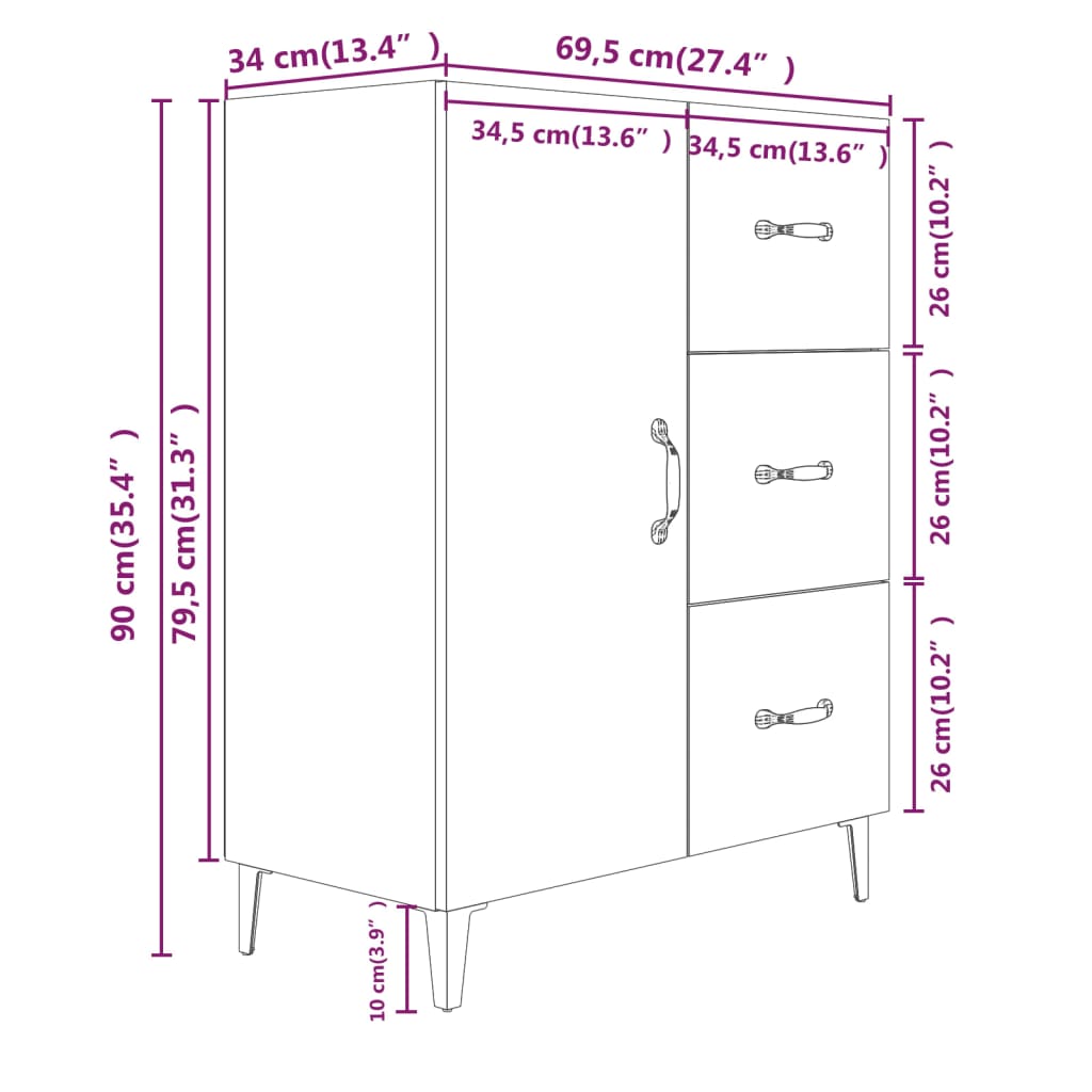 vidaXL Aparador de madera de ingeniería negro 69,5x34x90 cm