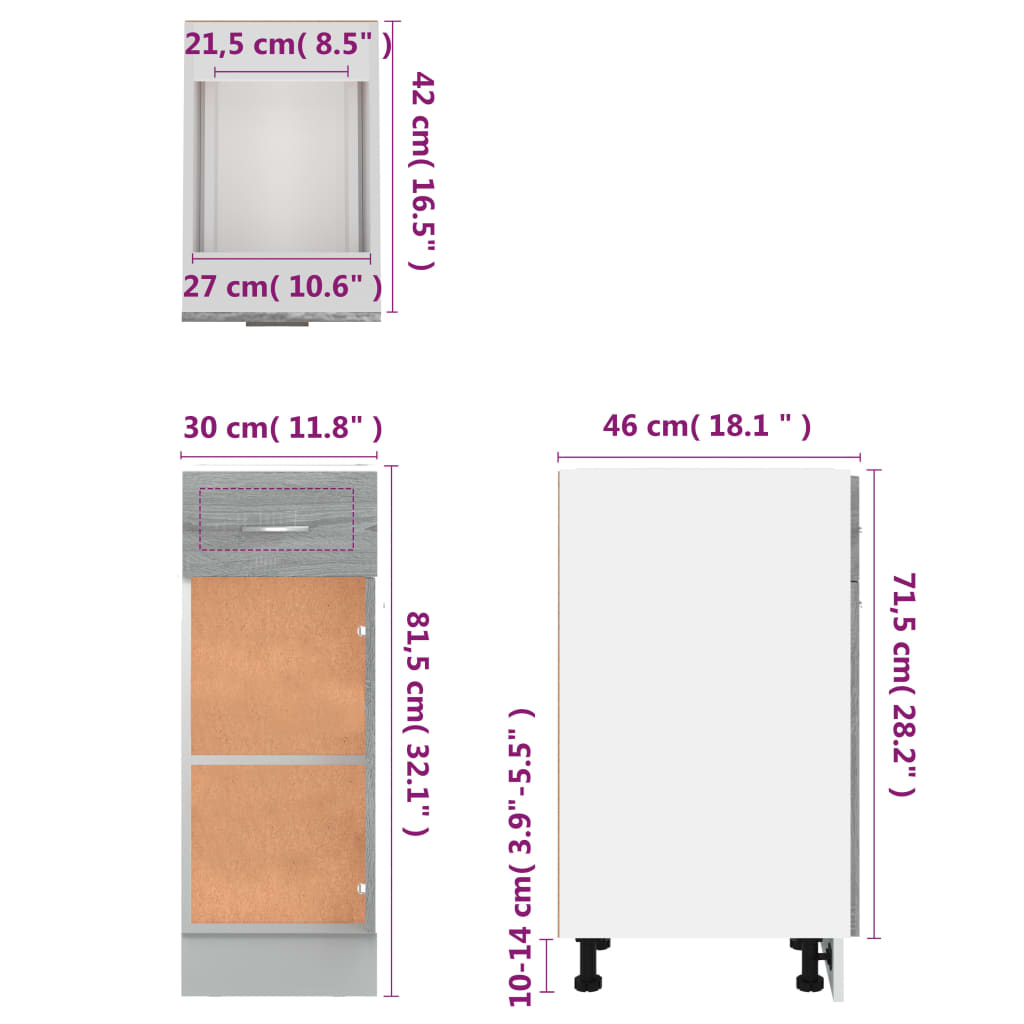 vidaXL Armario bajo de cocina madera de ingeniería gris 30x46x81,5 cm