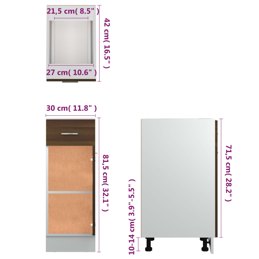 vidaXL Armario bajo cocina madera de ingeniería marrón 30x46x81,5 cm