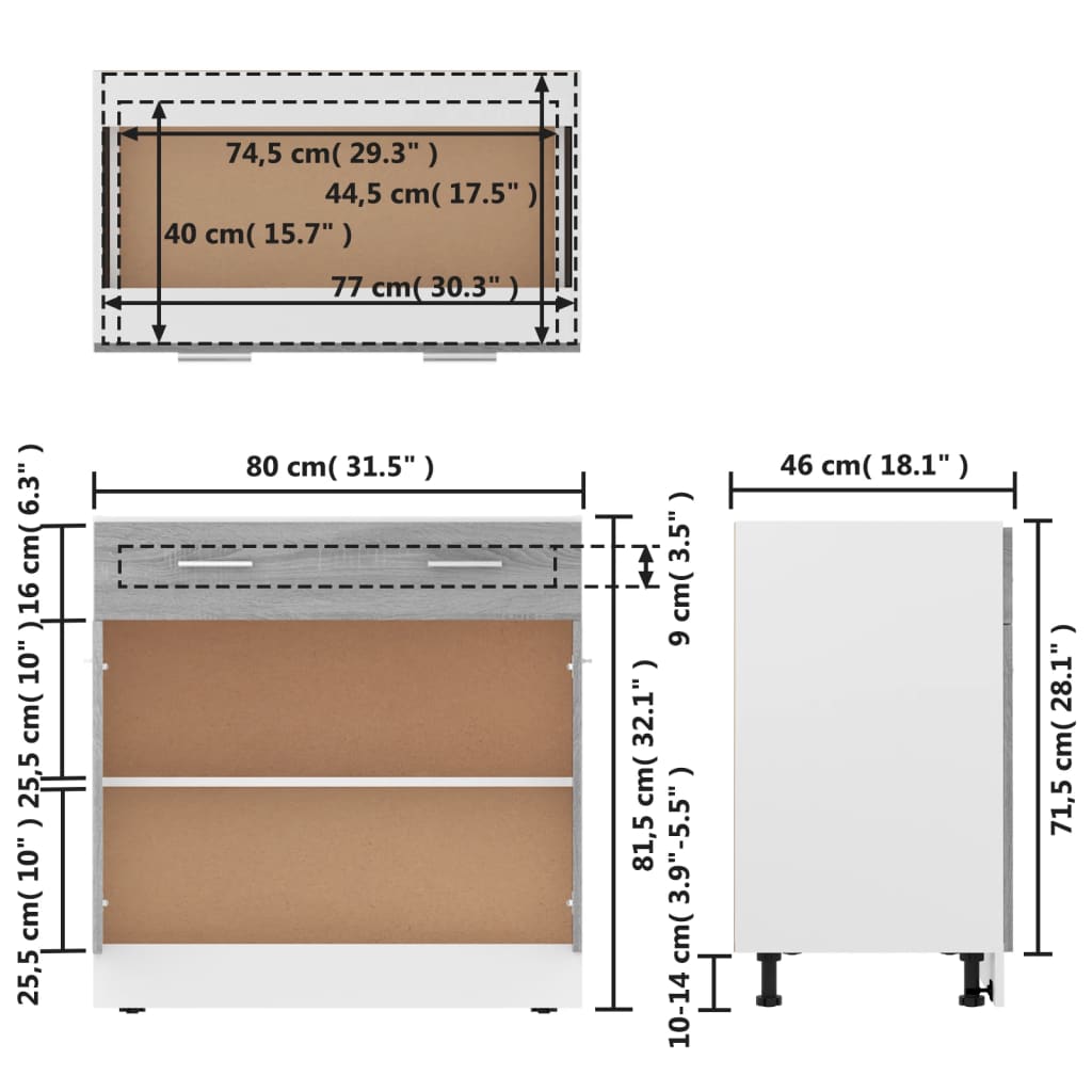 vidaXL Armario inferior cocina contrachapada gris Sonoma 80x46x81,5 cm