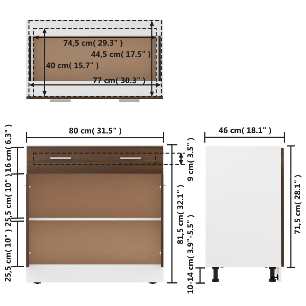 vidaXL Armario inferior madera contrachapada marrón roble 80x46x81,5cm