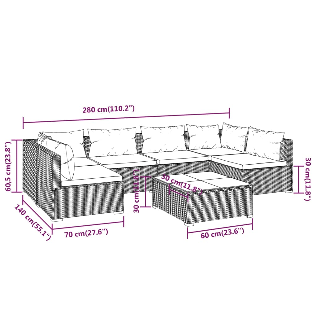 vidaXL Set de muebles de jardín 7 pzas y cojines ratán sintético negro