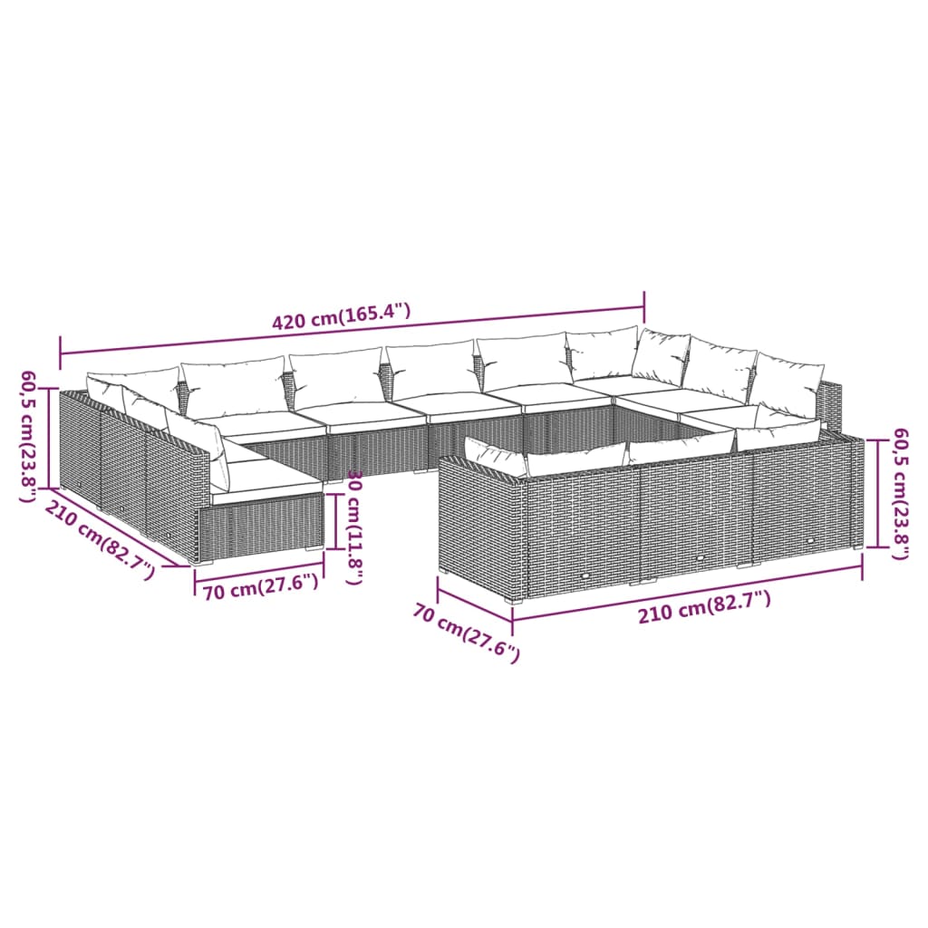 vidaXL Set muebles de jardín 13 pzas y cojines ratán sintético marrón