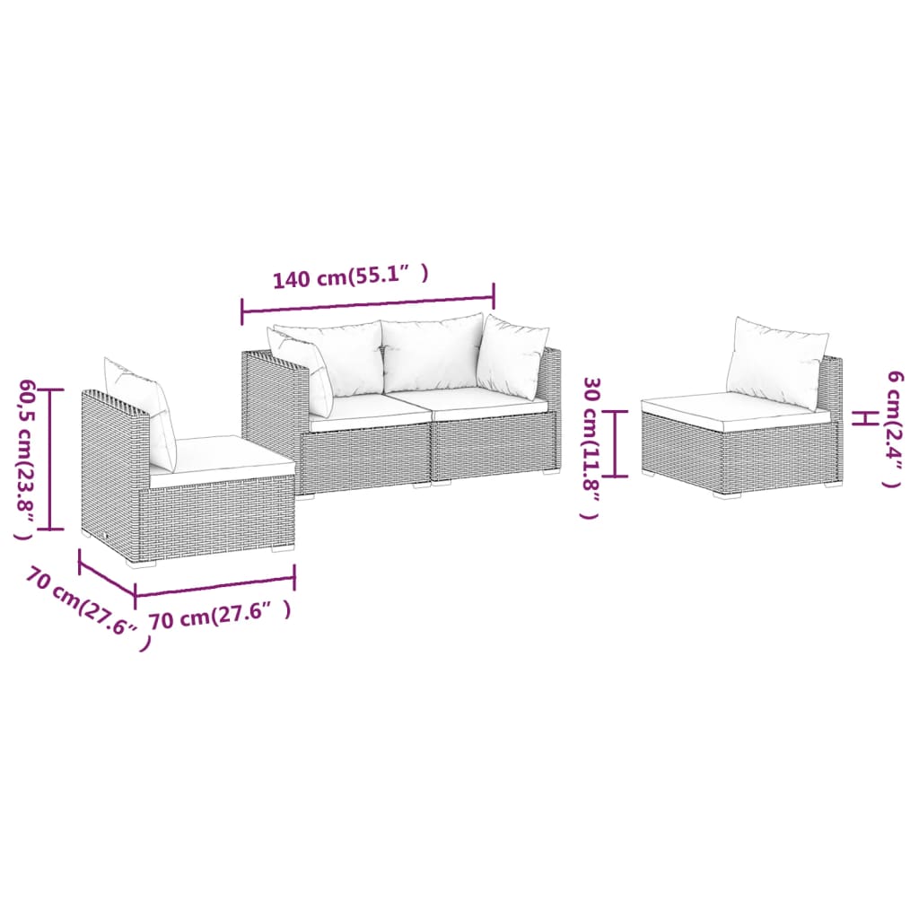 vidaXL Set muebles de jardín 4 piezas y cojines ratán sintético gris