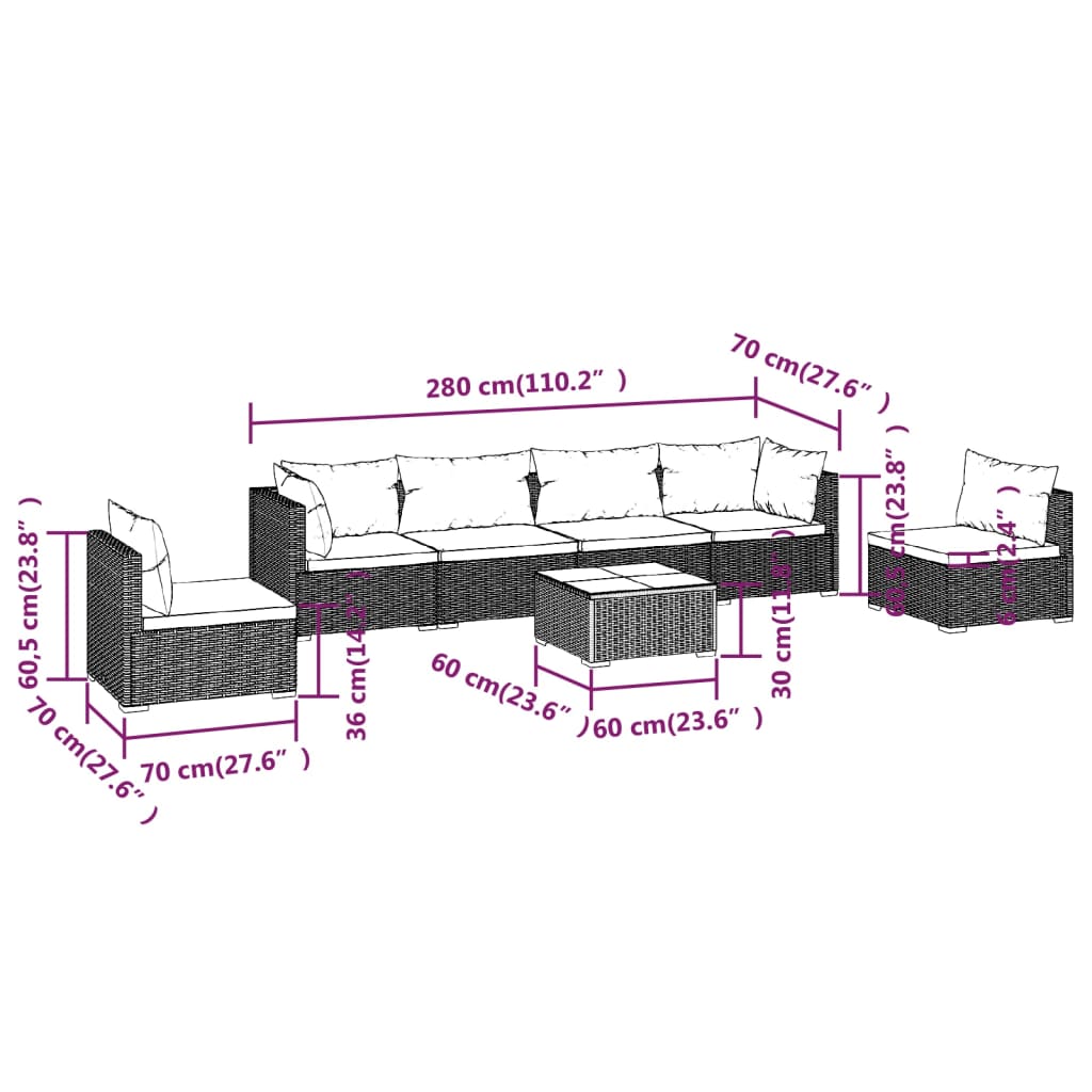 vidaXL Set de muebles de jardín 7 pzas y cojines ratán sintético negro