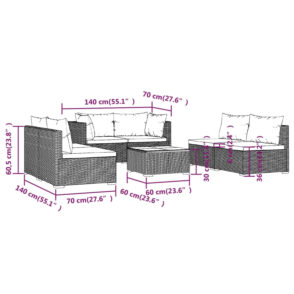 vidaXL Set de muebles de jardín 7 pzas y cojines ratán sintético negro