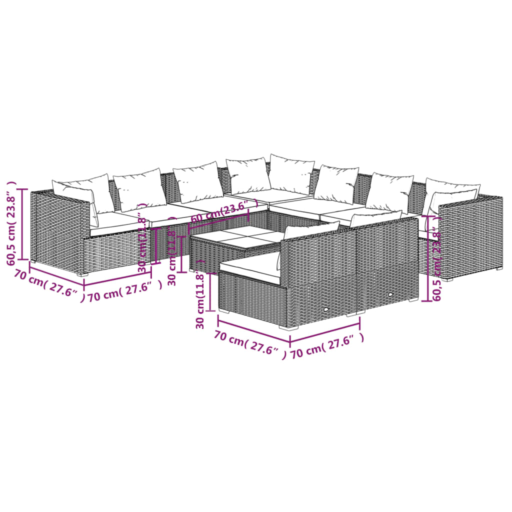 vidaXL Set muebles de jardín 10 pzas y cojines ratán sintético marrón