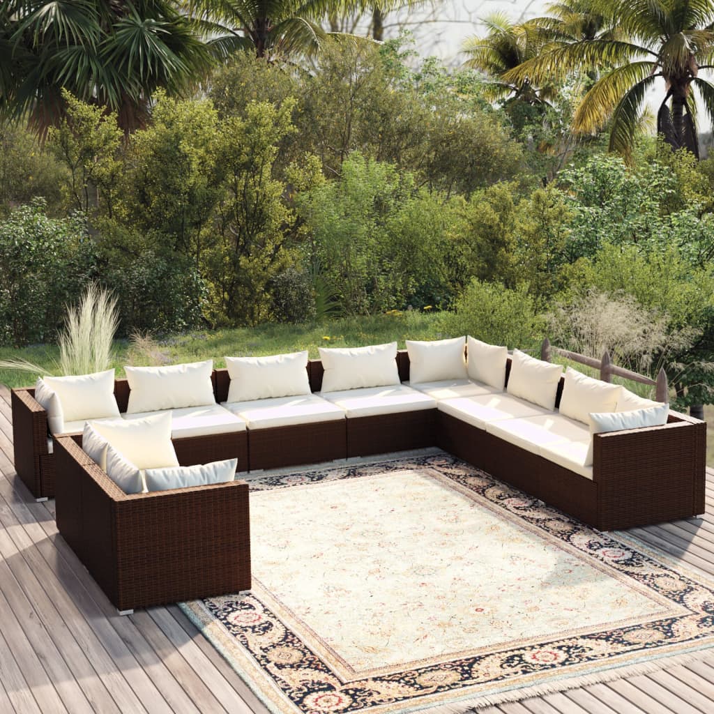 vidaXL Set muebles de jardín 10 pzas y cojines ratán sintético marrón