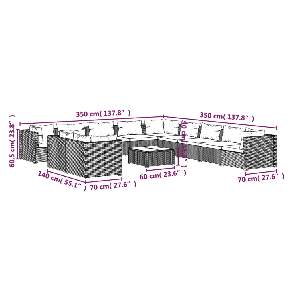 vidaXL Set muebles de jardín y cojines 12 pzas ratán sintético marrón