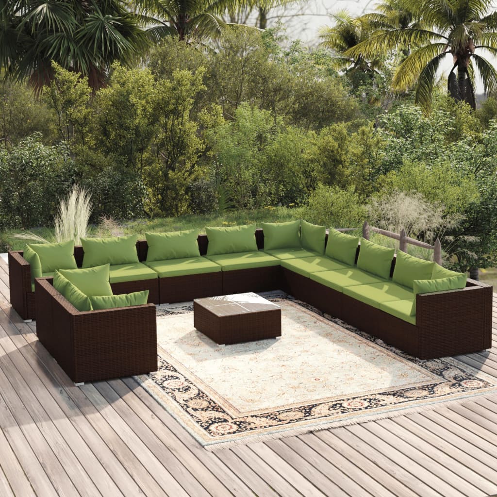 vidaXL Set muebles de jardín y cojines 12 pzas ratán sintético marrón