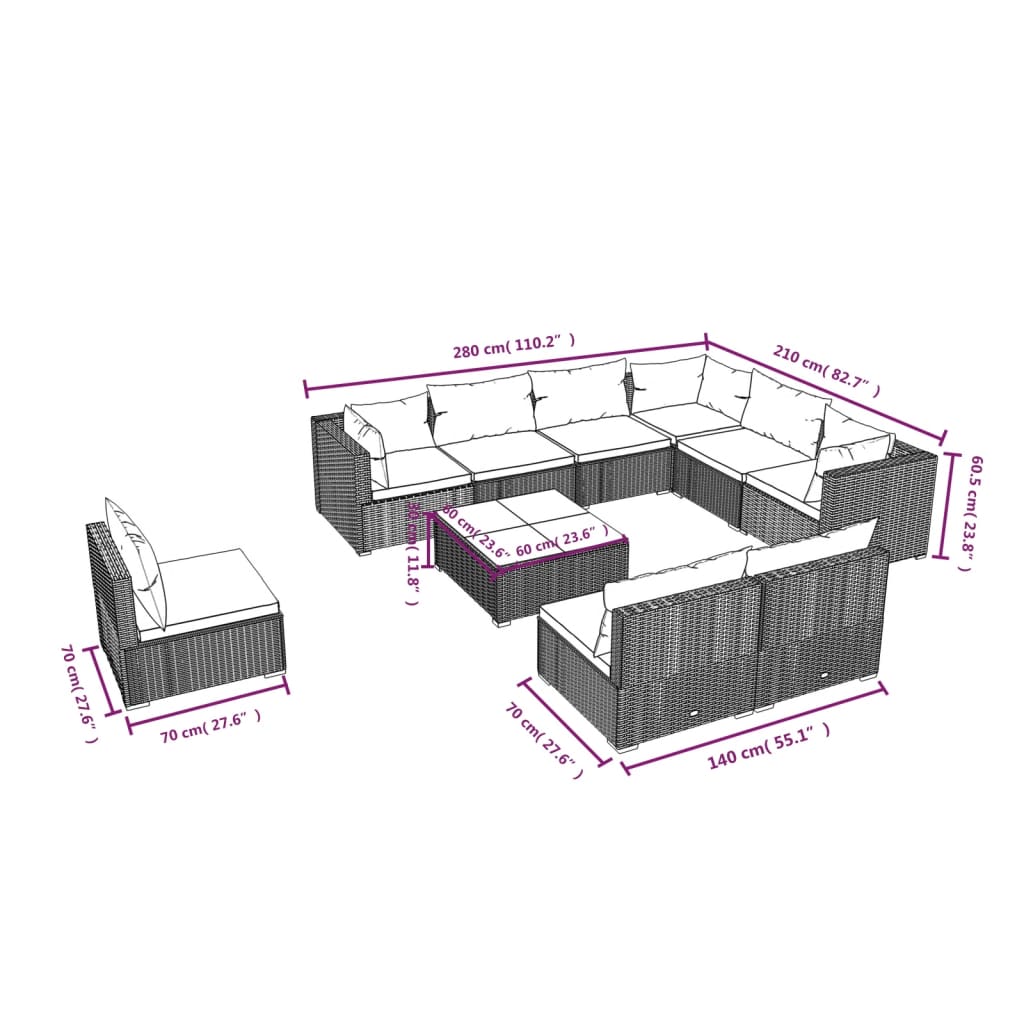 vidaXL Set muebles de jardín 10 pzas y cojines ratán sintético marrón