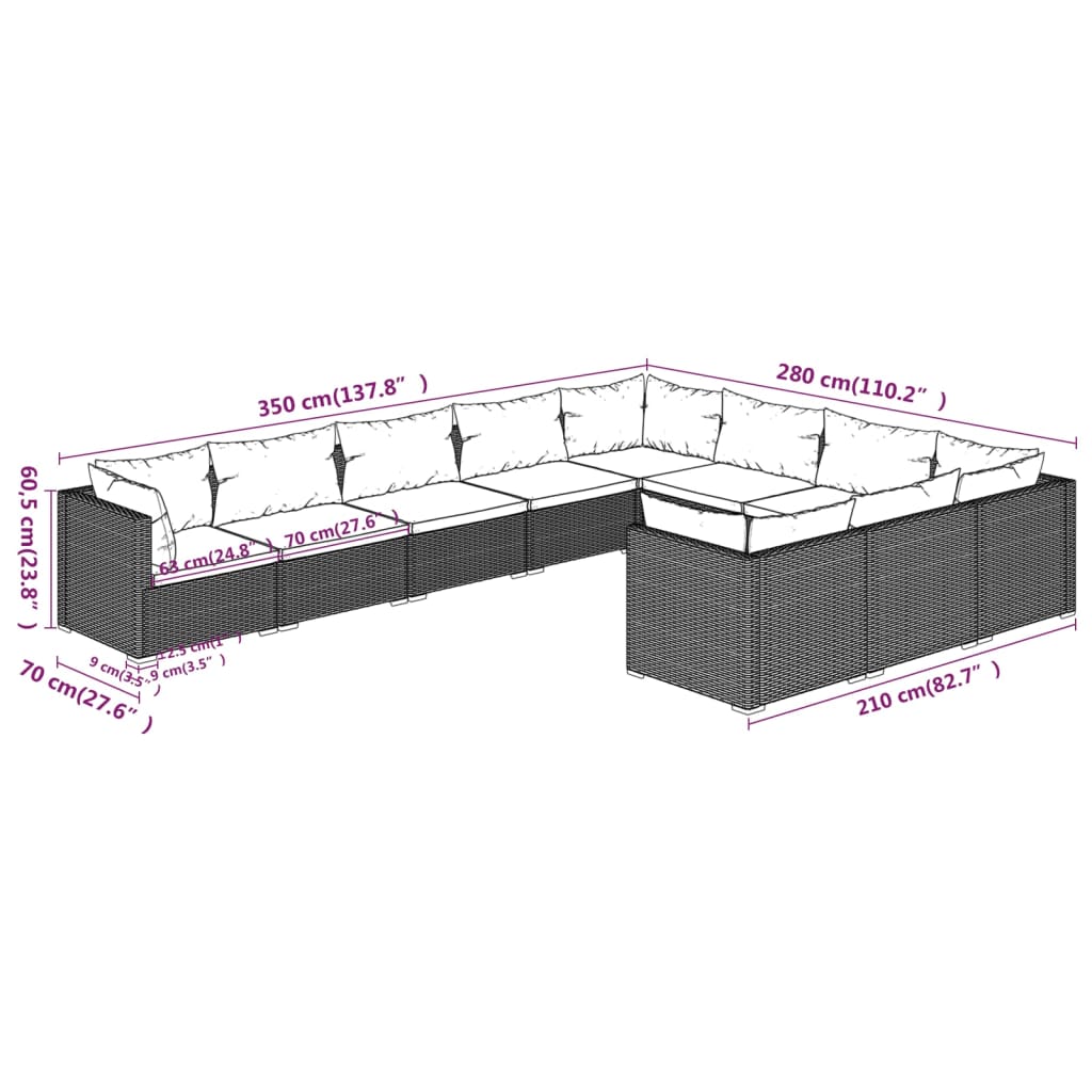 vidaXL Set muebles de jardín 10 pzas y cojines ratán sintético marrón