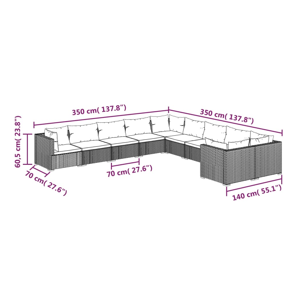 vidaXL Set muebles de jardín 10 pzas y cojines ratán sintético marrón