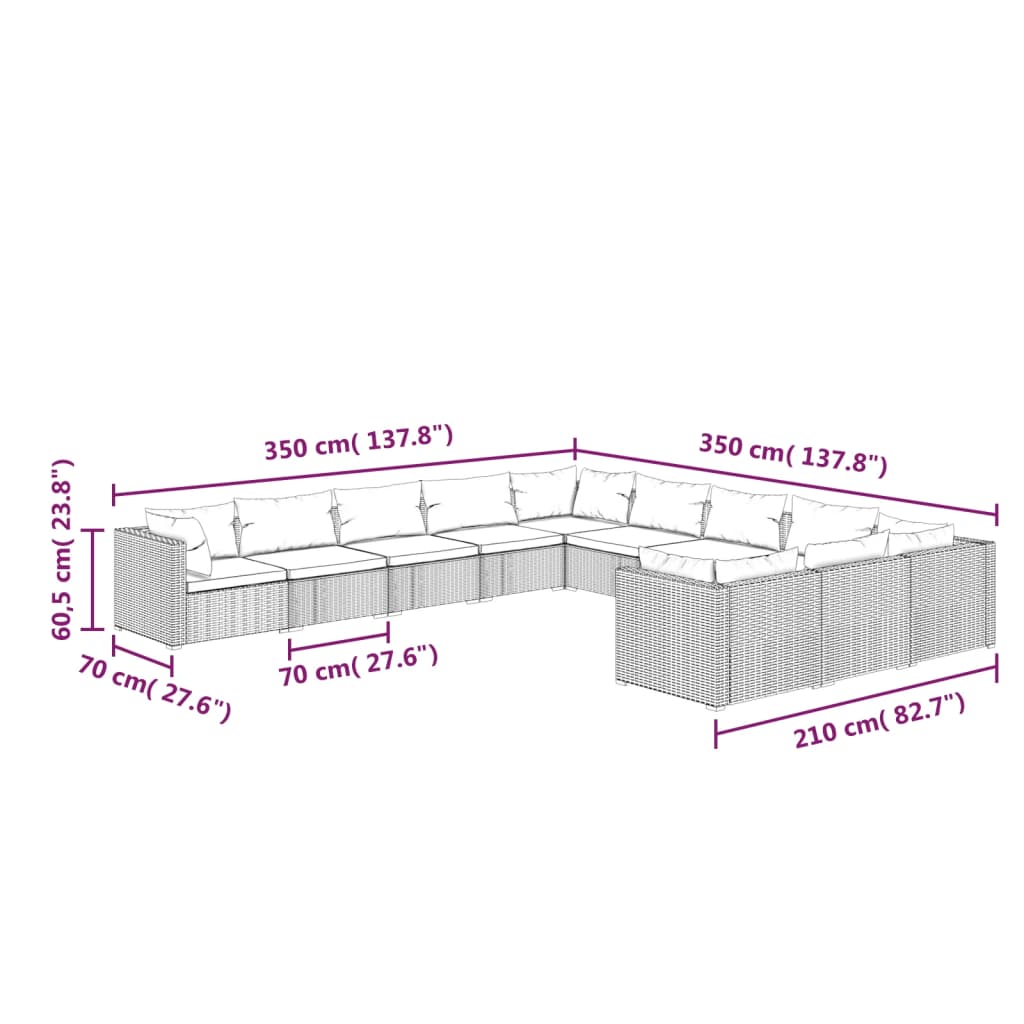 vidaXL Set muebles de jardín 11 pzas y cojines ratán sintético marrón