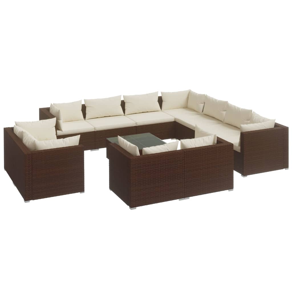 vidaXL Set muebles de jardín 12 pzas y cojines ratán sintético marrón