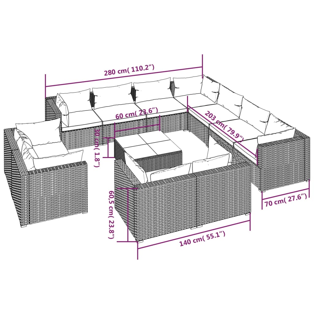 vidaXL Set muebles de jardín 12 pzas y cojines ratán sintético marrón