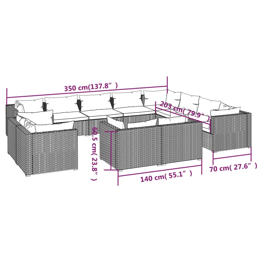 vidaXL Set muebles de jardín 12 pzas y cojines ratán sintético marrón