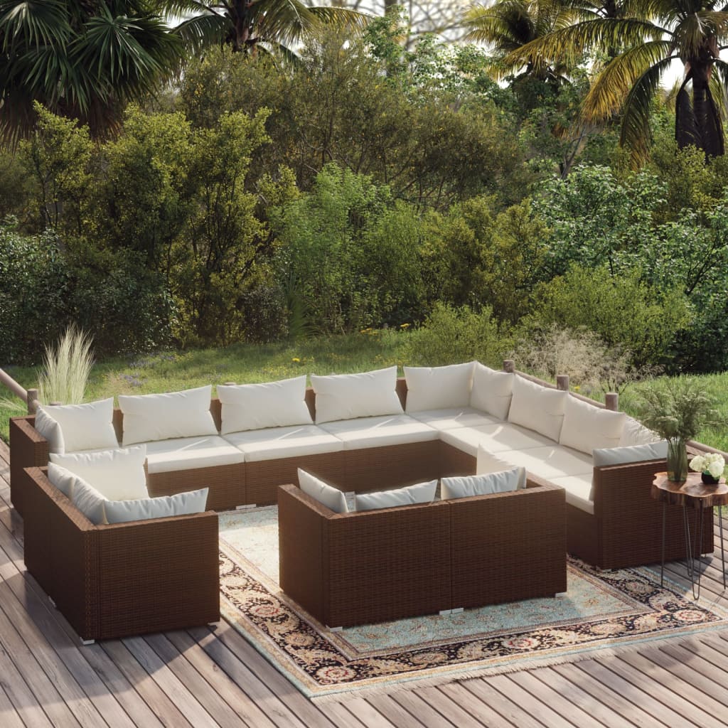 vidaXL Set muebles de jardín 12 pzas y cojines ratán sintético marrón