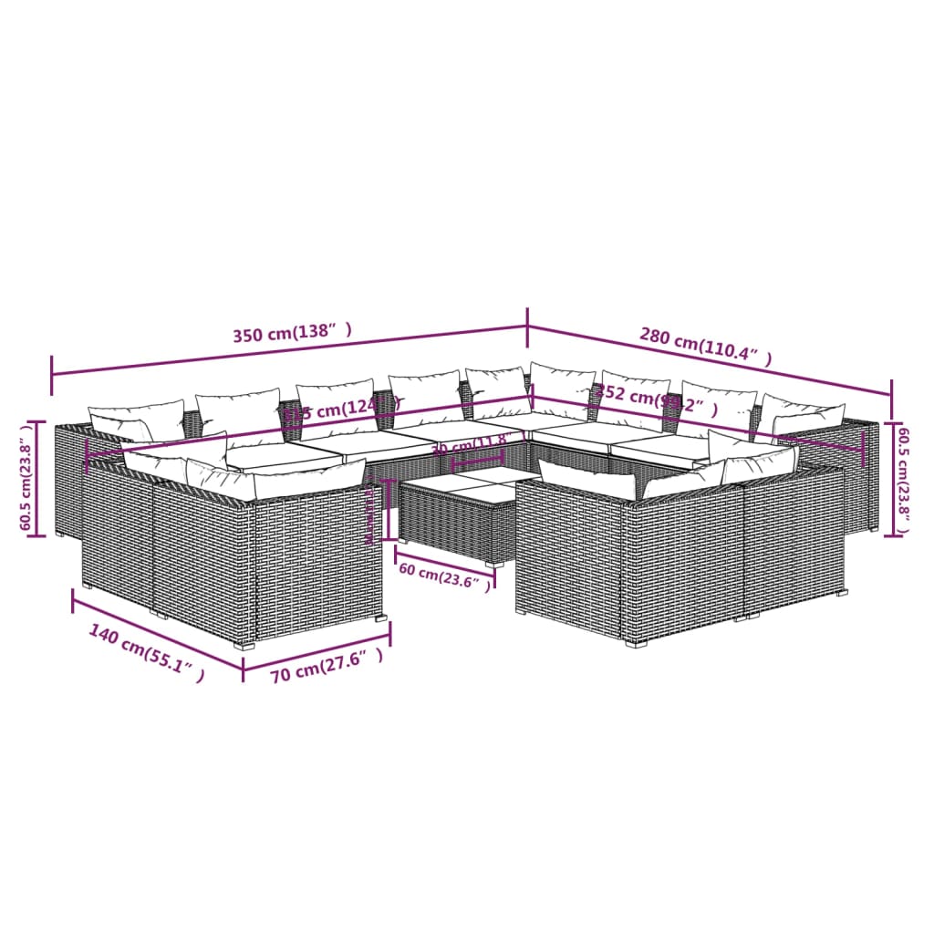 vidaXL Set muebles de jardín 13 pzas y cojines ratán sintético marrón