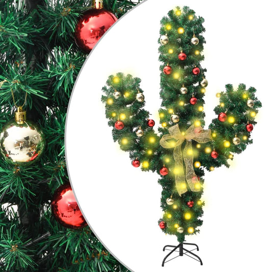 vidaXL Cactus de Navidad con soporte y LEDs verde 150 cm PVC