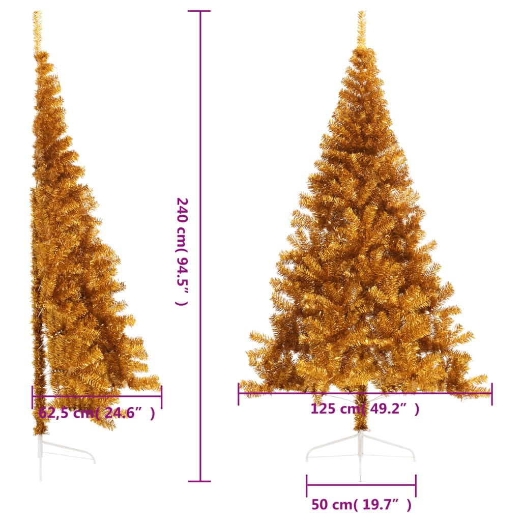 vidaXL Medio árbol de Navidad artificial con soporte PET dorado 240 cm