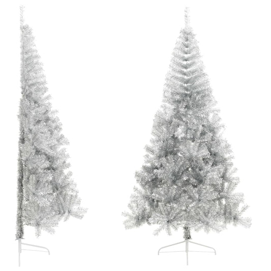 vidaXL Medio árbol de Navidad artificial con soporte PET plata 210 cm