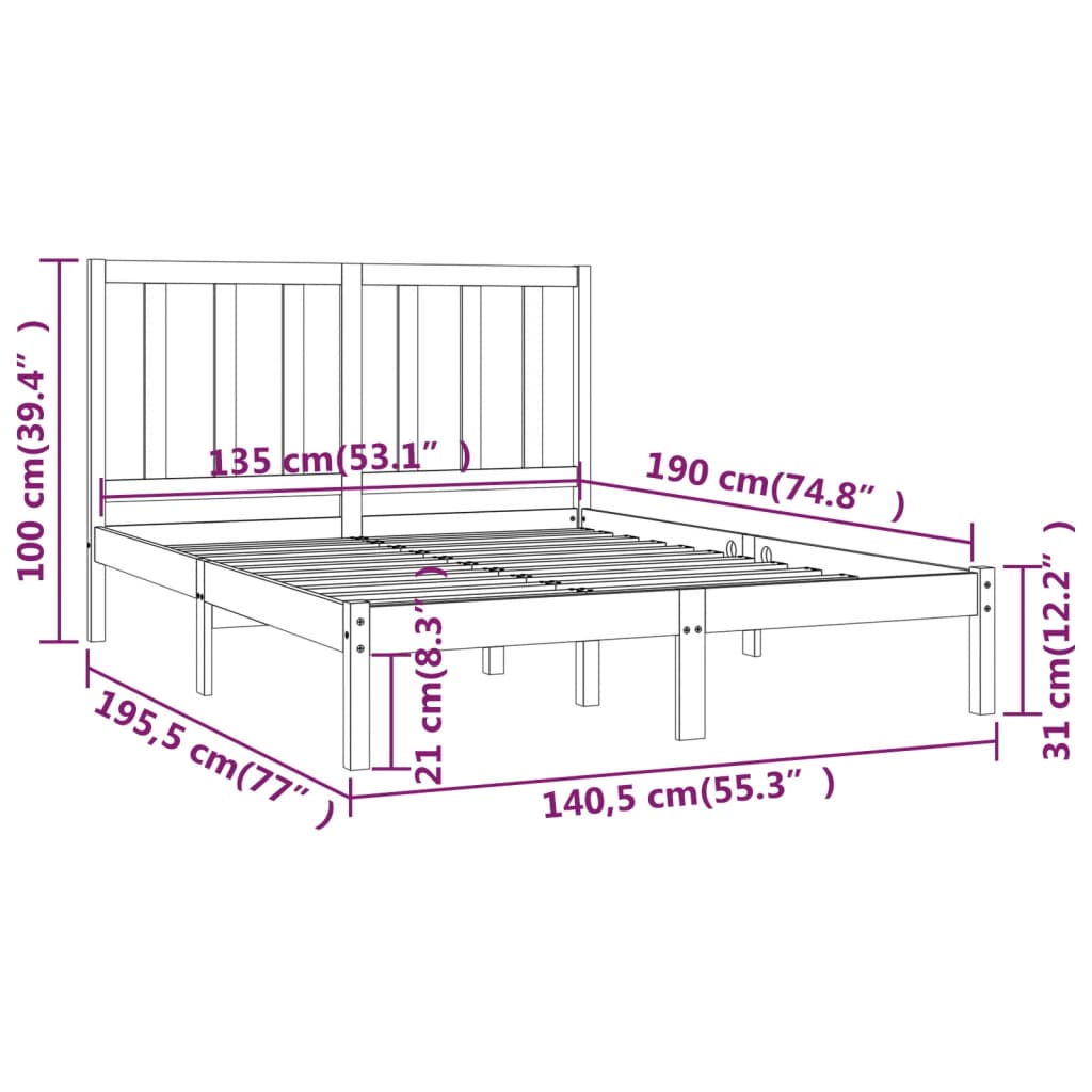 vidaXL Estructura de cama madera maciza de pino 135x190 cm