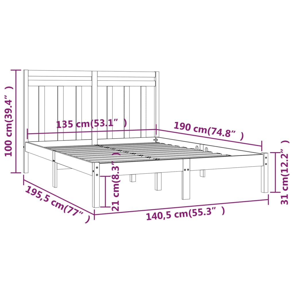 vidaXL Estructura de cama de matrimonio madera maciza 135x190 cm