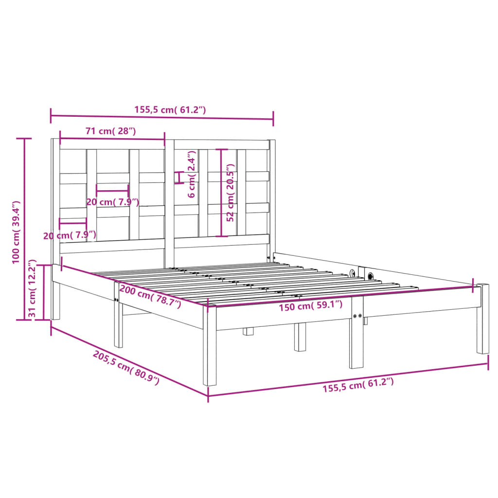 vidaXL Estructura de cama madera maciza negra King Size 150x200 cm