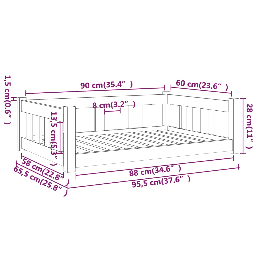 vidaXL Cama para perros madera maciza de pino negro 95,5x65,5x28 cm