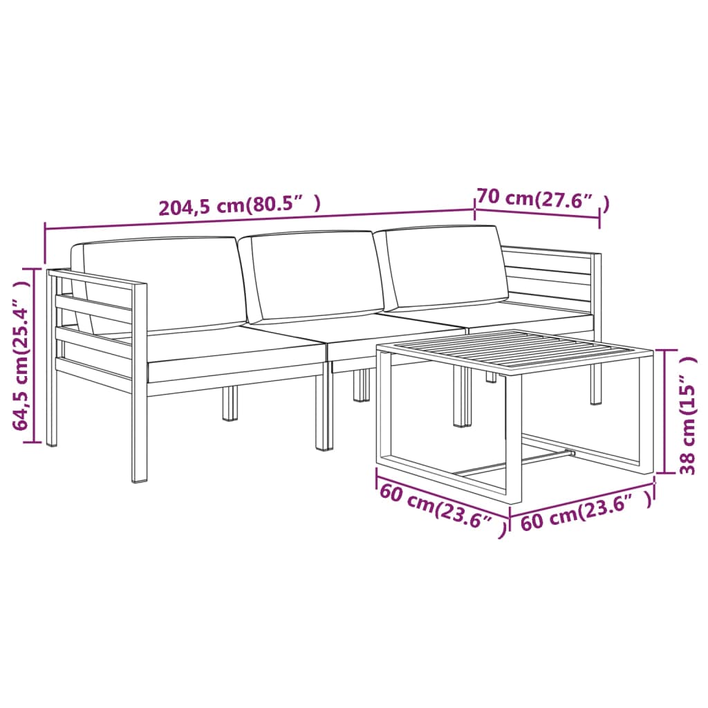 vidaXL Set muebles de jardín 4 pzas y cojines aluminio gris antracita